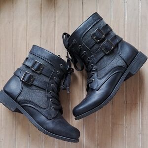 Rachel Shoes Stylish Black Buckle Ankle Boots Side Zipper Laced Combat Booties